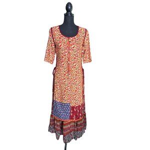 Bohemian Floral Patchwork Kurta Dress With Tassel Detailing & Side Tie Size M